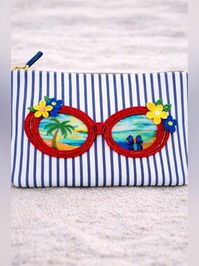 Talbots Beaded Sunglasses Wristlet Clutch | Blue Stripe Coastal Beach Bag Summer